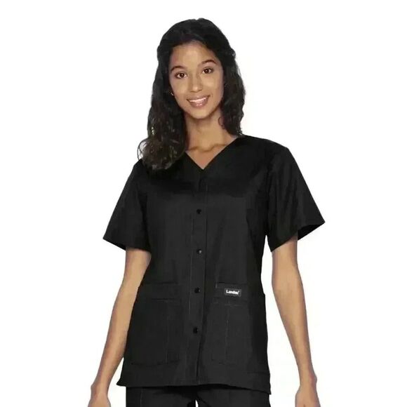 Landau Women's Black Poly/Cotton Snap Front V-Neck Short Sleeve Relaxed Fit 4 Po - Picture 1 of 13
